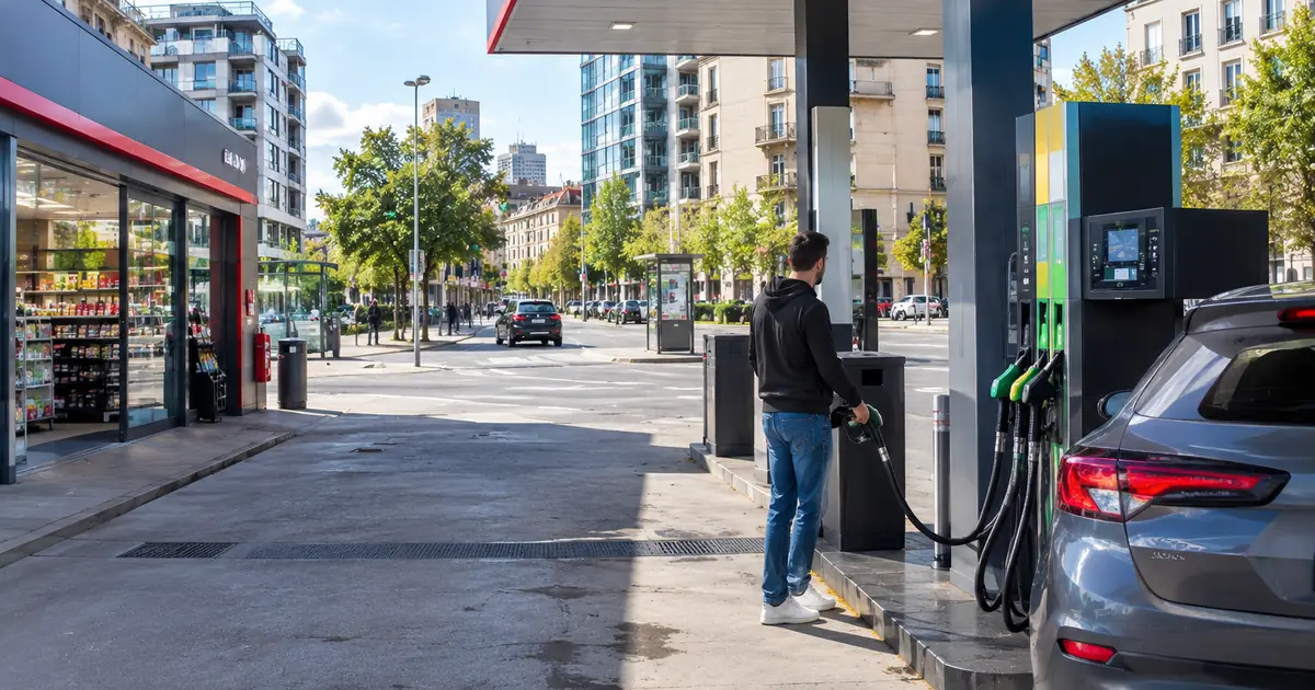 Un automobiliste fait le plein de sa voiture dans une station-service en ville
